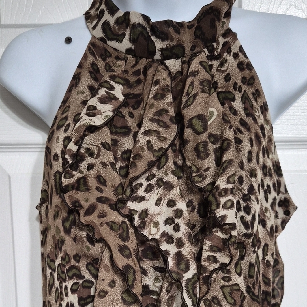 Brown Leopard Print Ruffle Blouse With Tie Back. Size L - Picture 2 of 9